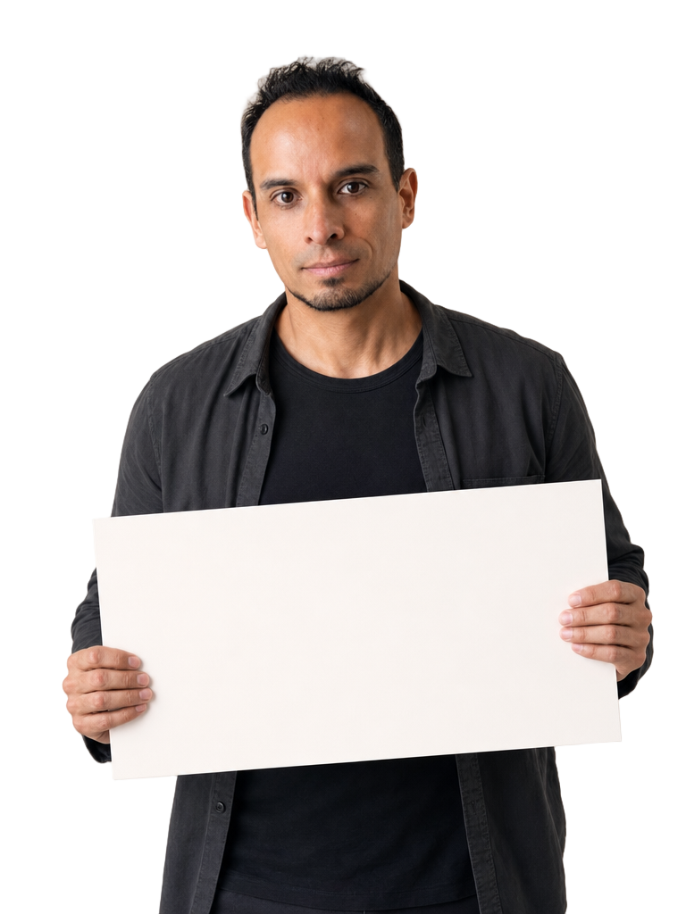 Sebastián McMitre sosteniendo con las manos un bloque de texto de esta página